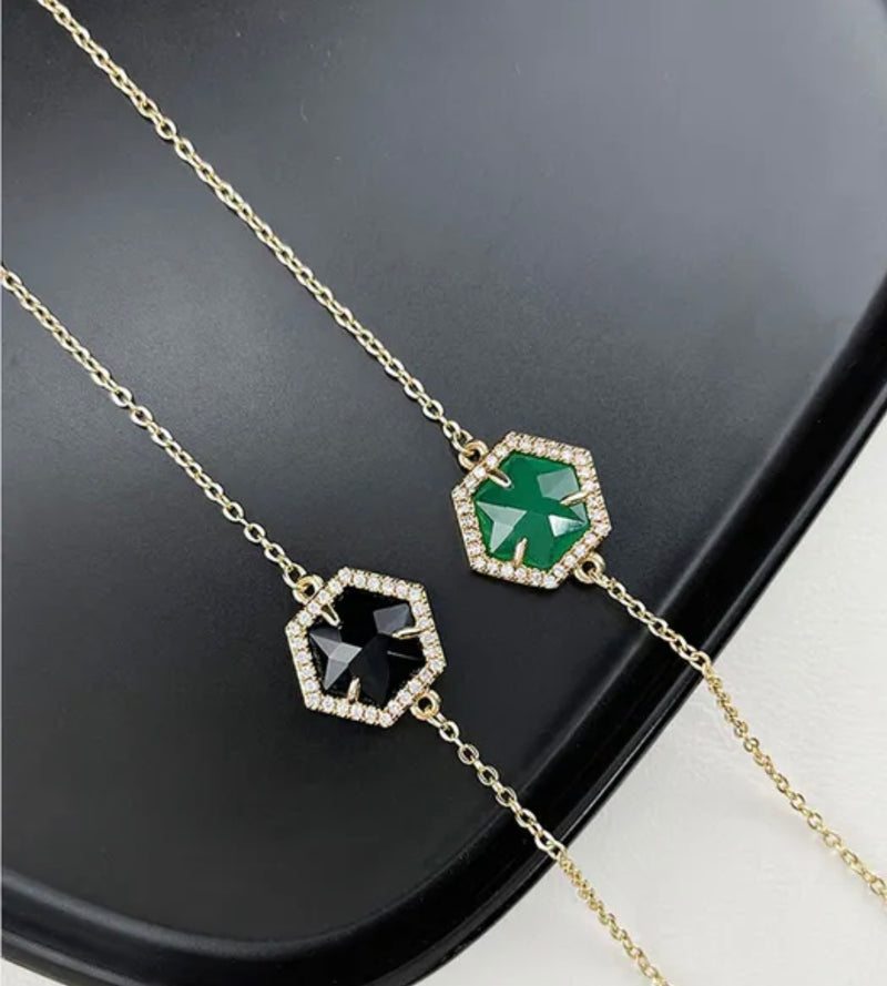 RETRO GREEN ZIRCON GLASS DIAMOND PENDANT 18k COPPER BRACELET