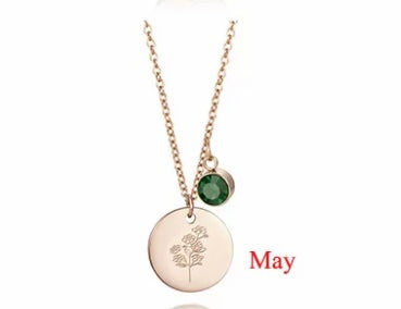 PERSONALIZED STAINLESS TITANIUM STEEL STAMPED BIRTHFLOWER WITH BIRTH STONE NECKLACE