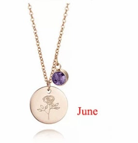 PERSONALIZED STAINLESS TITANIUM STEEL STAMPED BIRTHFLOWER WITH BIRTH STONE NECKLACE