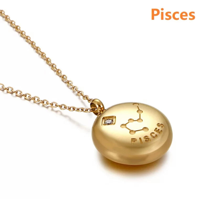 Hypoallergenic 12 Constellation Horoscope Sign Bead Round Pendant Gold Plated Stainless Steel Zodiac Necklace