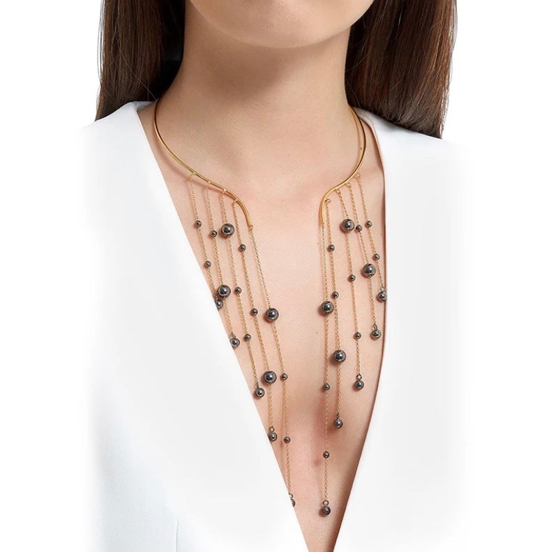 BLACK IMITATION PEARL WATERFALL NECKLACE
